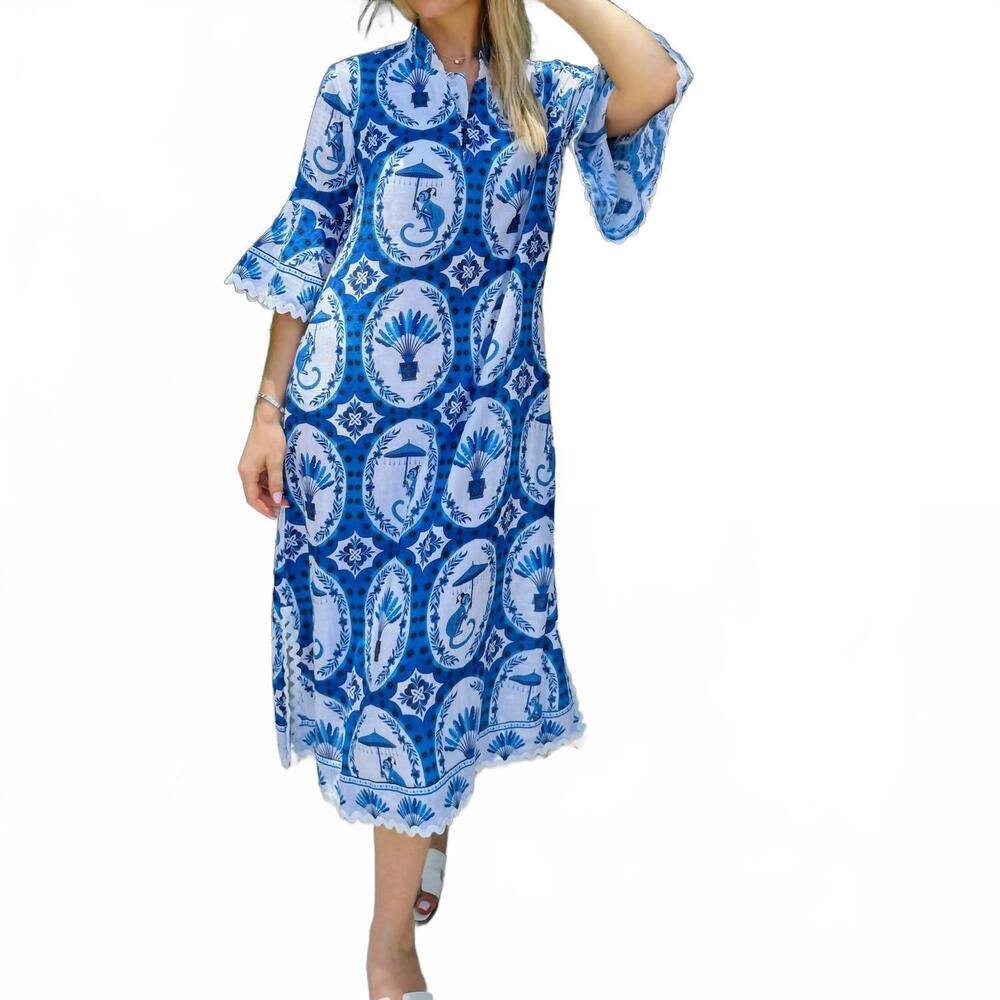 NEW ISLAPAYAL como midi dress in monkey chinoiserie blue